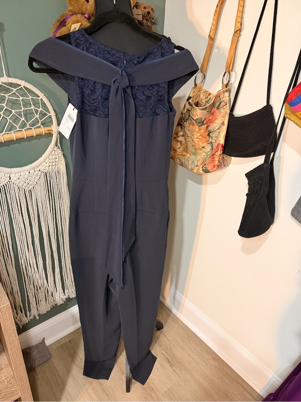 NWT Reiss Nicky Lace Back Off Shoulder Navy Jumpsuit US 0 MSRP $465